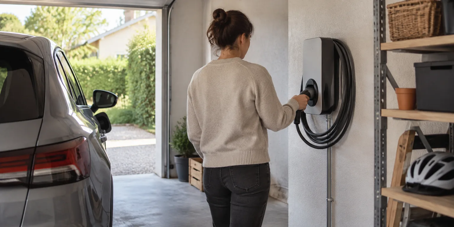 Illustration générée : Borne dans un garage privatif, câble correctement rangé et accès libre.