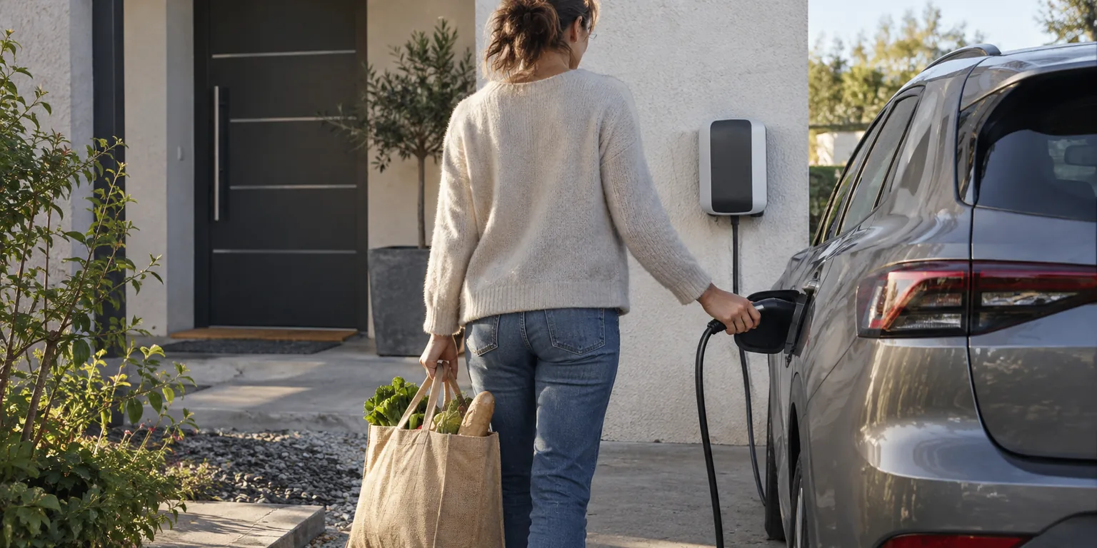 Illustration générée : Retour quotidien au domicile, sac de courses tenu par une personne de dos près de la voiture et de la borne.
