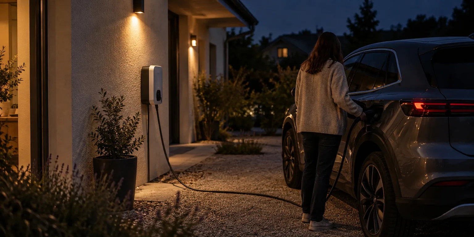 Illustration générée : Recharge nocturne paisible près de la maison, éclairage domestique doux, aucune interface lisible.