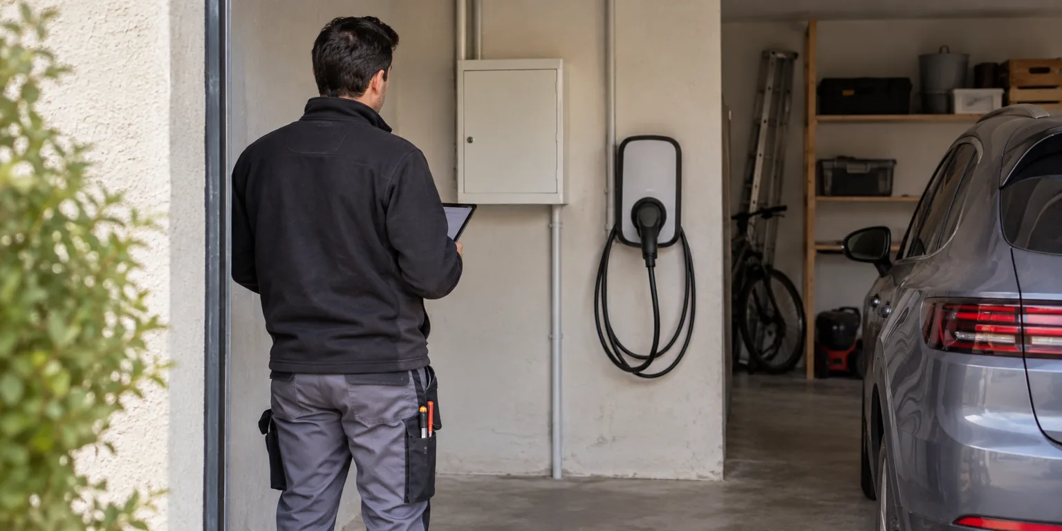 Illustration générée : Tableau électrique fermé et borne dans le garage, technicien de dos observant les emplacements.