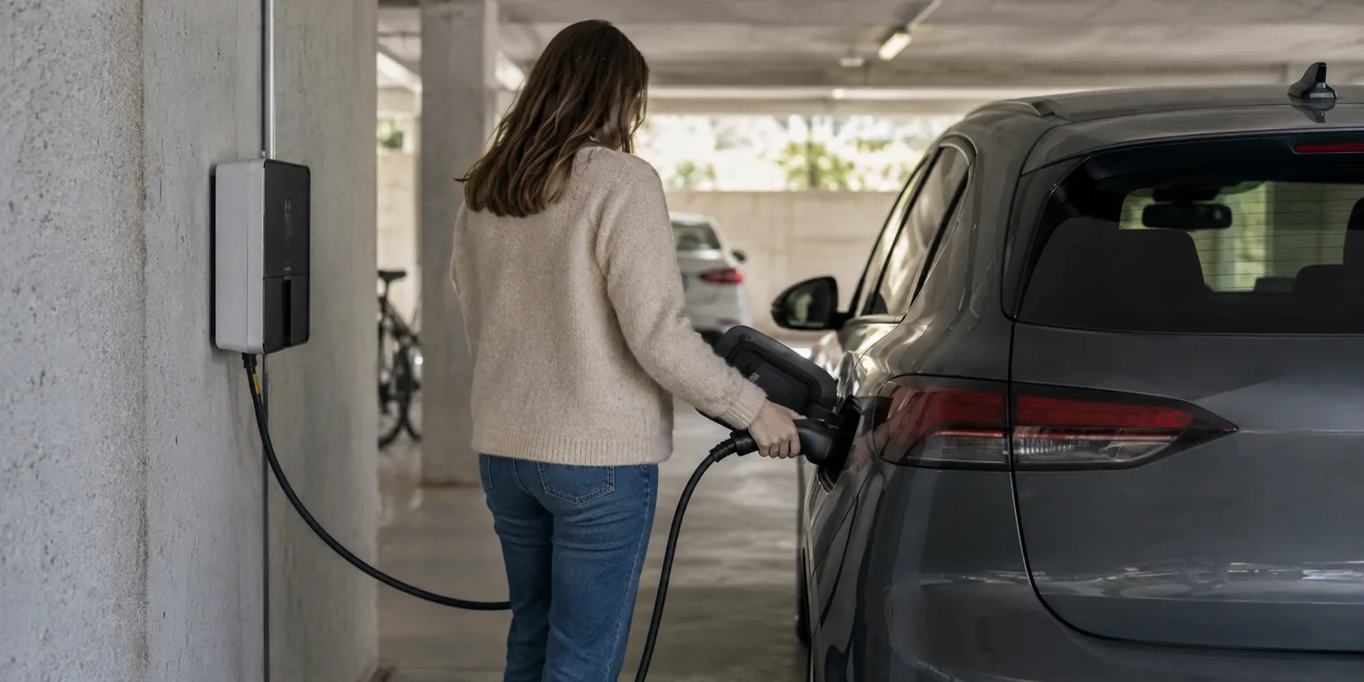 Illustration générée : Borne sur place privative dans parking de copropriété résidentielle, sans numéro ni signalétique.