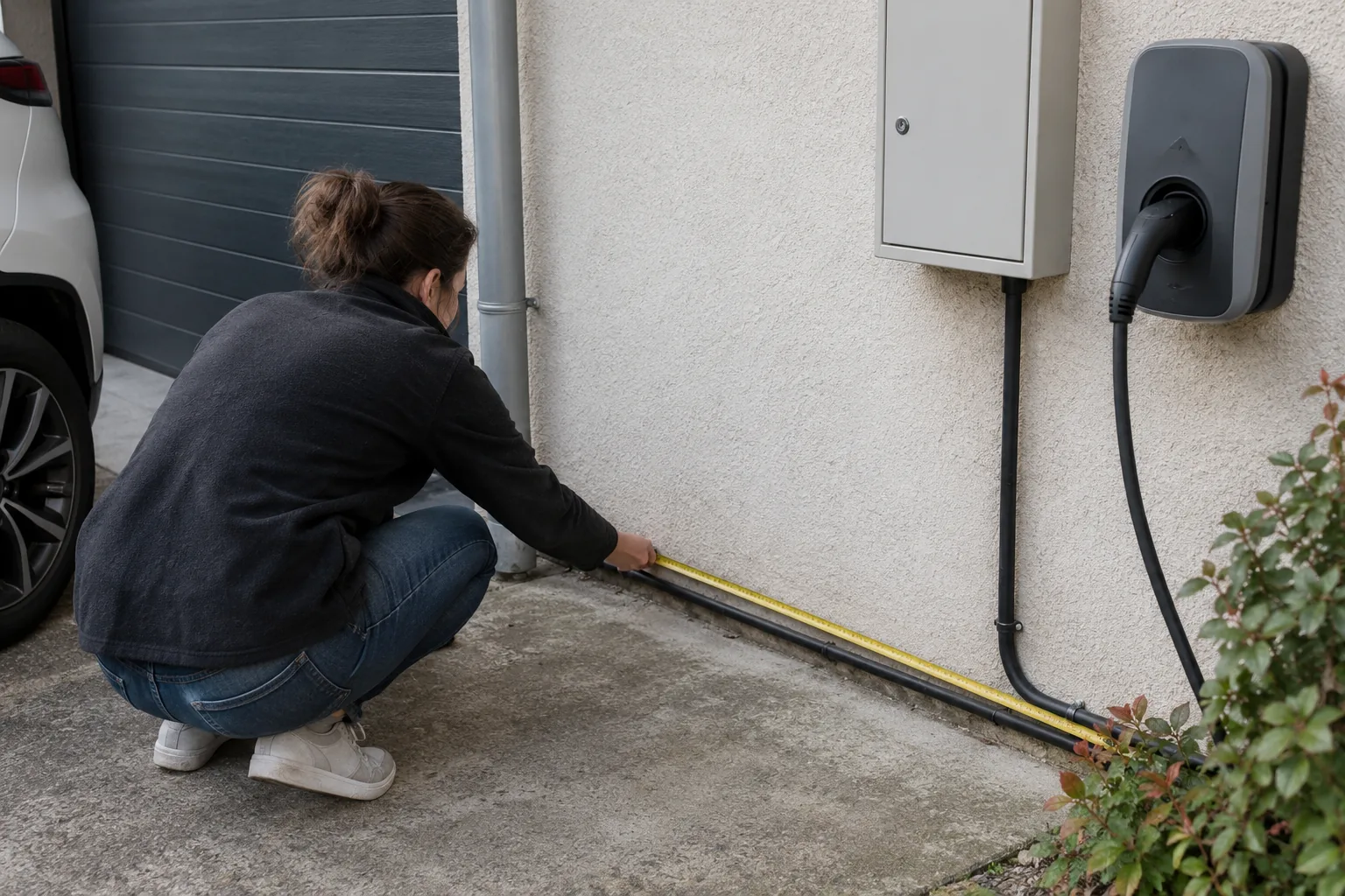 Illustration générée : Vue oblique de mains mesurant le cheminement possible du câble le long du garage, borne et coffret fermé visibles, sans intervention sur conducteurs.