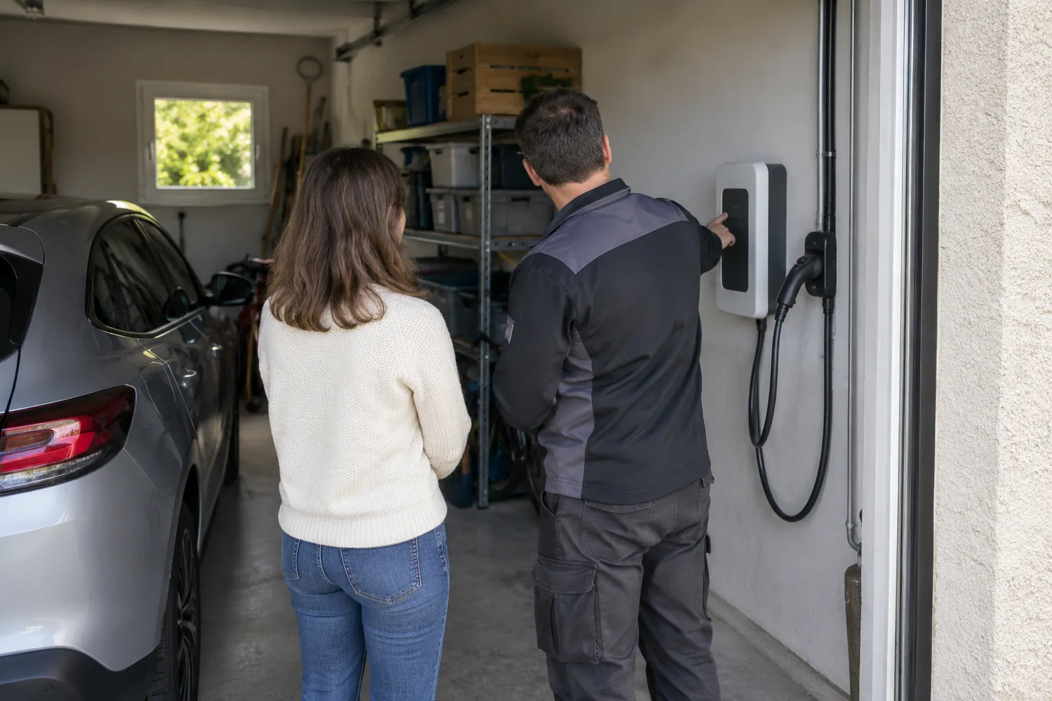 Illustration générée : Foyer et intervenant anonymes vus de dos face à une borne installée dans le garage, échange de prise en main sans portrait, plan large horizontal distinct des trois étapes.