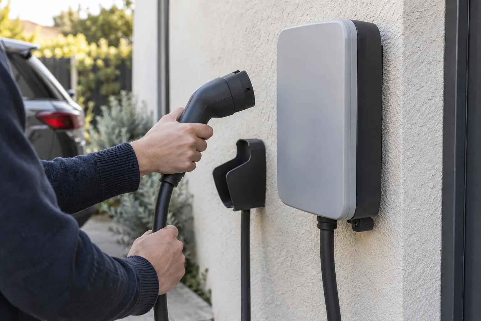 Illustration générée : Vue rapprochée de mains tenant un connecteur rangé près d’une borne domestique fermée, sans action électrique ni visage ; composition verticale claire différente de toutes les autres scènes.