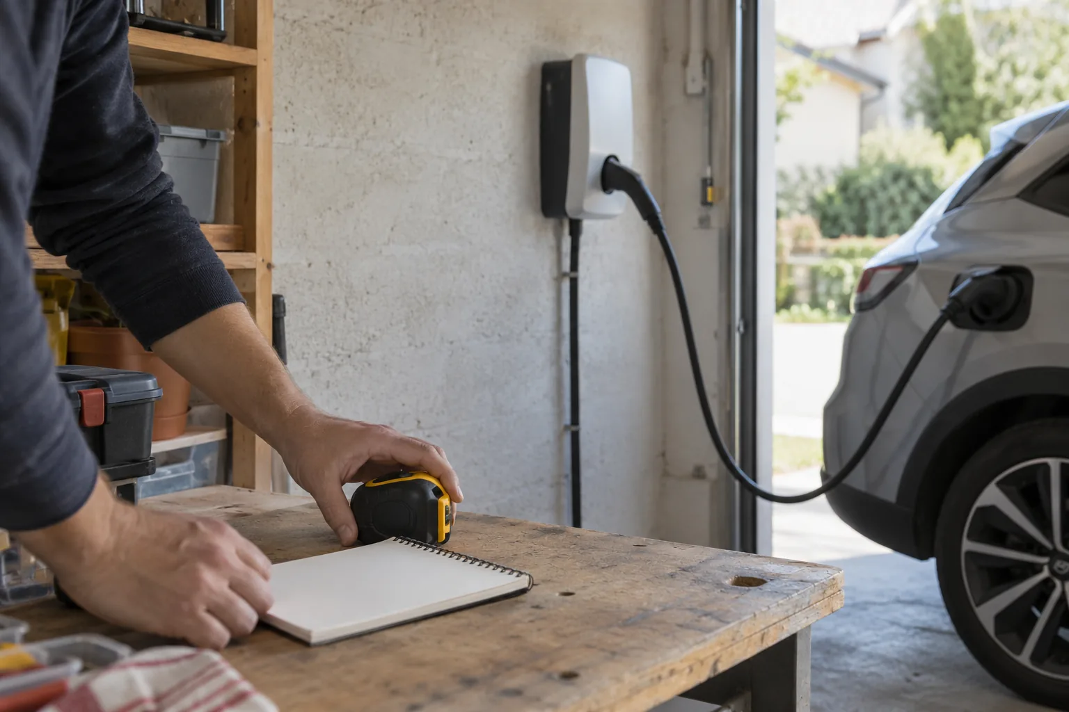 Illustration générée : Mains d’un particulier posant un mètre ruban fermé et un carnet sans texte sur un établi dans le garage ; borne et voiture visibles en arrière-plan, sans professionnel identifiable ni réalisation attribuée.