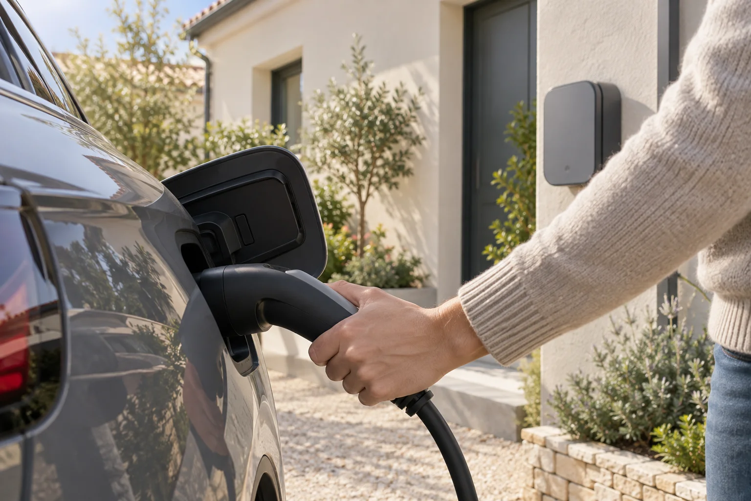 Illustration générée : recharge d’une voiture électrique devant une maison.